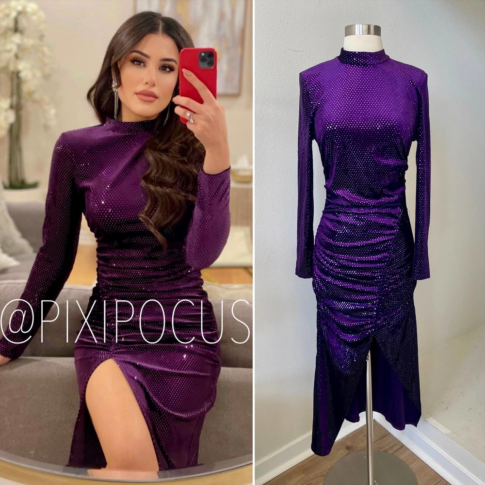 ZARA SPARKLY VELVET RUCHED MIDI DRESS PURPLE